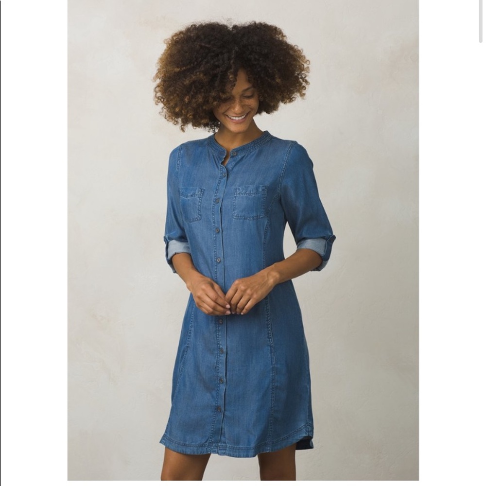 Prana Blue Mandarin Collar Cuffed Sleeve Dress